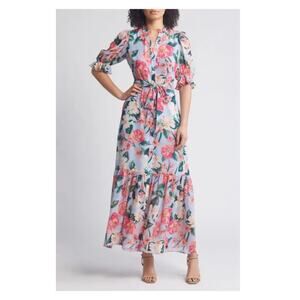 Eliza J Blue Floral Belted Maxi Shirt Dress Sz.4 NWT